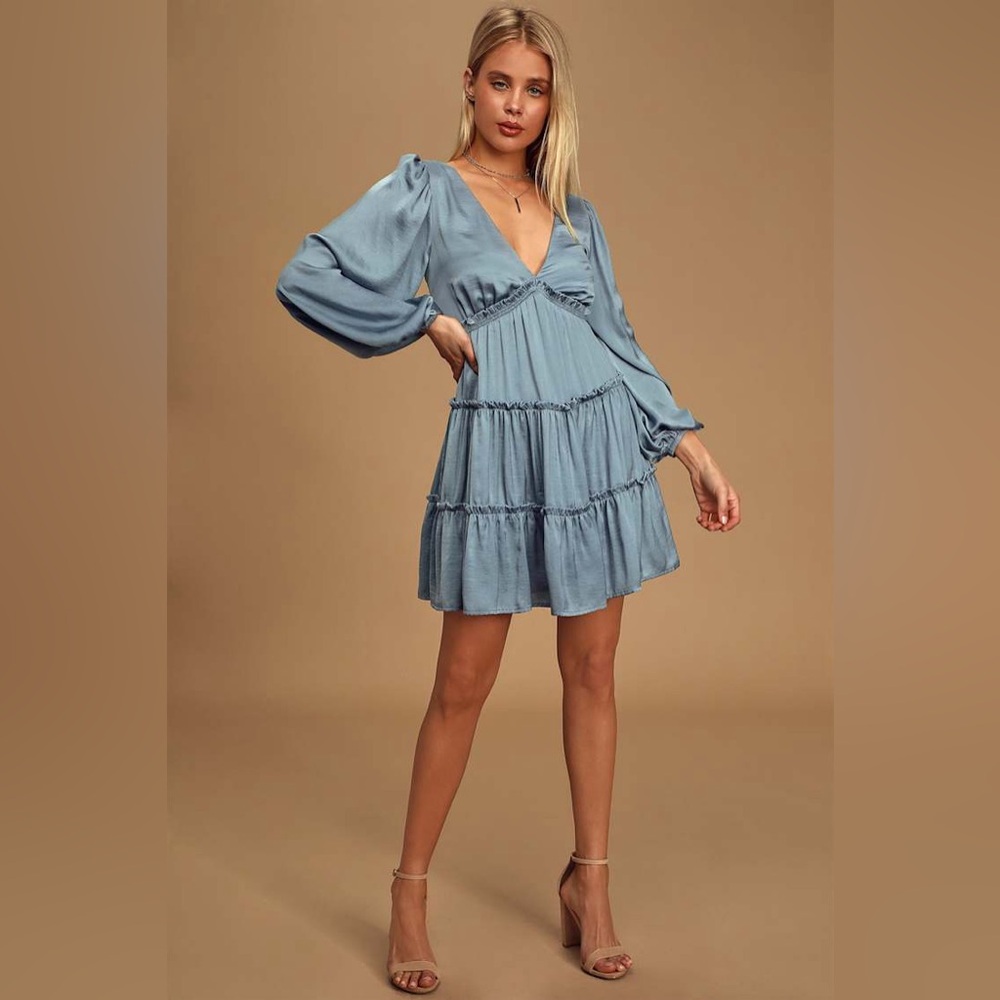 Lulu's Moonstruck Slate Blue Satin Tiered Long Sleeve Mini Dress Size S V-Back - Picture 13 of 13
